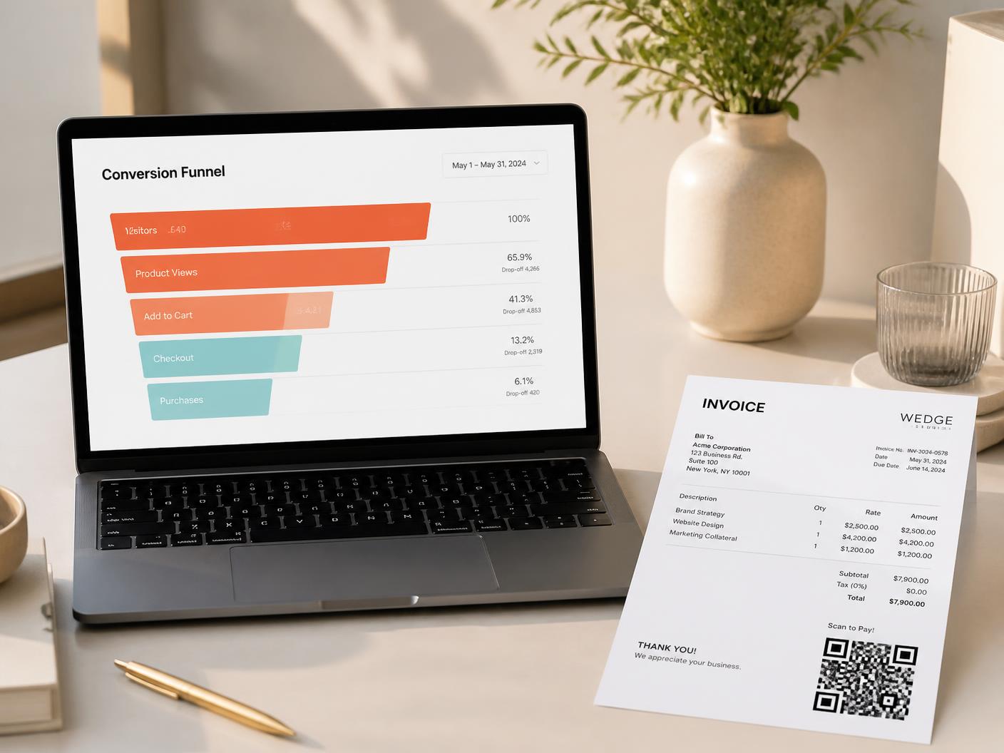 Conversion-Funnel am Laptop neben einer Rechnung mit Zahlungs-QR-Code